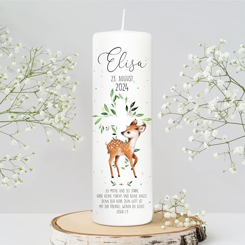 Wandtattoo Loft Taufkerze Junge oder Mädchen mit Taufspruch, Motiv Rehkitz und heiliges Kreuz, 25cm x 8cm, personalisierte Kerze, bedruckte Kerze Taufe, Stumpenkerze, Geburtskerze, Taufgeschenk
