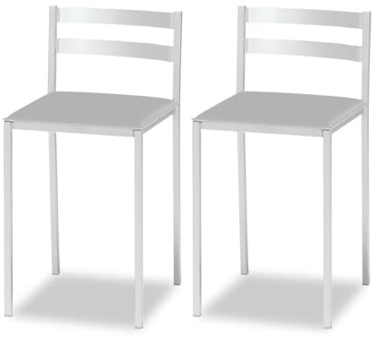 ASTIMESA 2 Taburetes de Cocina con Respaldo bajo, Franjas horizontales y Asiento tapizado - Estructura Color Blanco - Asiento en Polipiel Gris