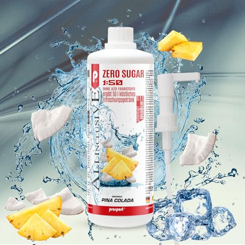 Prosport Allinclusive® Pina Colada 1000ml + Dosierpumpe – ZERO SUGAR Sirup mit Vitaminen – Premium Getränkekonzentrat 1:50 – Ohne Zucker, Aspartam & Azofarbstoffe – Perfekt für Wassersprudler