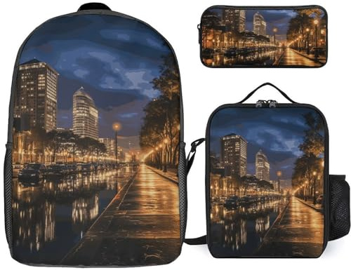 NONHAI Reiserucksack-Set Portland bei Nacht, Laptop-Rucksack, Lunchtasche, Federmäppchen, Büchertasche für Damen, Stil, Einheitsgröße, Stil:, Einheitsgröße