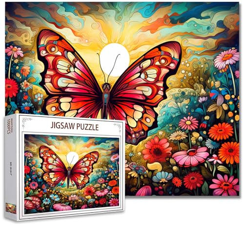 Tucocoo 1000 Teile Puzzles für Erwachsene Schmetterling Blumen Malerei Jigsaw Puzzle Sonne Retro Abstrakte Kunst 1000 Teile Puzzles für herausfordernde Familienaktivitätsspiel DIY Puzzle
