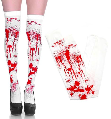 Blutige Strumpfhose Halloween Damen, Overknee-StrüMpfe Mit Blutspritzern Cosplay Socken Sexy Accessoire Karneval KostüMe Beinstulpen Mit Blut 16 Rot,One Size F