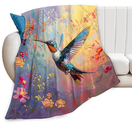 Coperta con fiori e colibrì, decorazione floreale, coperta accogliente in pile di flanella, calda, morbida, leggera, pelosa, regalo per donne, ragazze, ragazzi, adolescenti, per letto, divano, 101 x