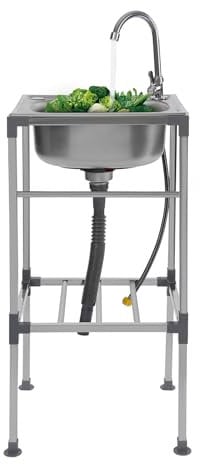 Freistehende Edelstahl Spültisch 1 Becken, Camping Spüle Mit Unterschrank, 60kg Belastbarkeit Outdoor Spüle Camping Waschbecken Mobiles Waschbecken Ideal für Küchen, Garagen, Hinterhöfe (38x33x83cm)