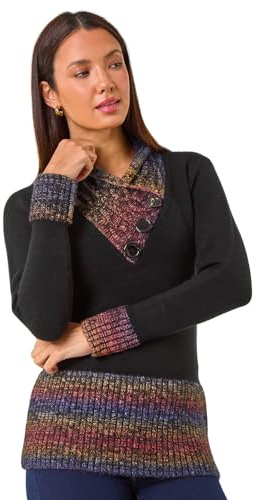 Roman Jumper for Women UK - Ladies Button Detail Embellished Tunic Sweater V-Neck Overlap Autumn Winter Smart Office Work Wear Casual Warm Cosy Pullover Day