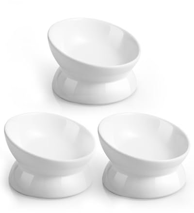 LoeJan Elevated Cat Food Bowl, 5 Oz Ceramic Raised and Tilted Pet Water Bowl, Anti Vomiting and Protect Pets' Spines Cat Dishes for Small Dog, Fat Faced Cat, Kitten (White, 3 Pack)