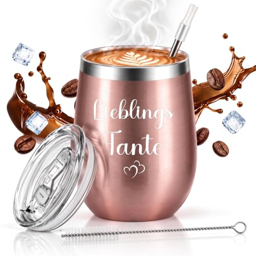 BeBeiZi Geschenke für Tante, Edelstahl Weinglas mit Lieblings Tante Vakuumisoliert Thermobecher to go mit Deckel und Strohhalm, Geburtstagsgeschenk für Frauen, Weihnachtsgeschenke, 350ml