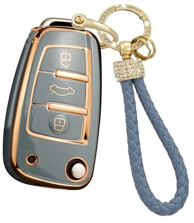 KUNIO Schlüsselhülle Passt für Audi A1 A3 8V A4 A6 Q2 Q3 TT TTS RS RS3 S3 Sline Schutz TPU Schlüsselcover für Klappschlüssel Bling Schlüsselanhänger 3 Tasten Grau
