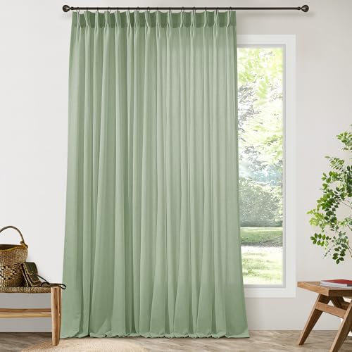 Sage Green Patio Sliding Door Curtains 100 Width 102 Inches Long Pinch Pleated Curtain Drape with Hooks Rings Light Filtering Semi Sheer Farmhouse Extra Wide 100x102 Curtain for Living Dining Room