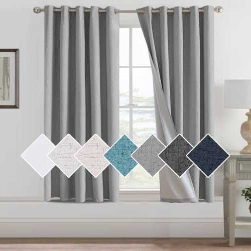 H.Versailtex 100% Blackout Curtains Faux Linen with White Liner Grommet Eyelet Curtains Thermal Curtains for Living Room, W66 x L54 Inch 2 Panels Set, Dove Grey