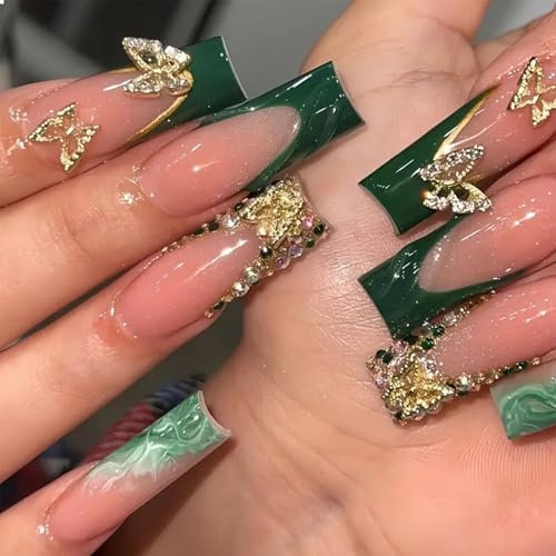 GlamRays 24 Stück Lang Press on Nails Grün Französische Rhinestone Quadratische Falsche Nägel Mit Nagelkleber 3D Schmetterling Falsche Nägel Klebernagel für Frauen