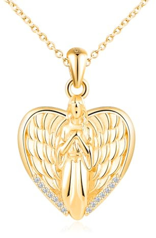 VIKILEE Cœur Ailes D'ange Collier Photo Femme Filles Argent 925 Vierge Marie Pendentif Porte Photo avec Zircon Personnalisé Médaillon Collier Amulette Bijoux Cadeau pour Maman Copine Epouse Fille Or