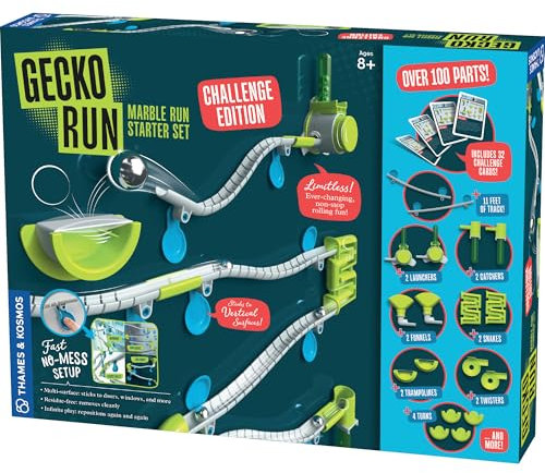 Gecko Run Murmelbahn Challenge Edition von Thames & Kosmos | Vertikale Kugelbahn mit flexiblen Schienen, No-Mess Setup | Herausforderungskarten für ein Kopf-an-Kopf-Engineering-Designspiel für Teams