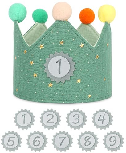 URAQT Geburtstagskrone Kinder, Geburtstagskrone Stoff, Geburtstag Kinderkrone, Krone Geburtstag für Jungs Mädchen mit Happy Birthday Spruchband und Auswechselbaren Zahlen von 1-9 (Hellgrün)