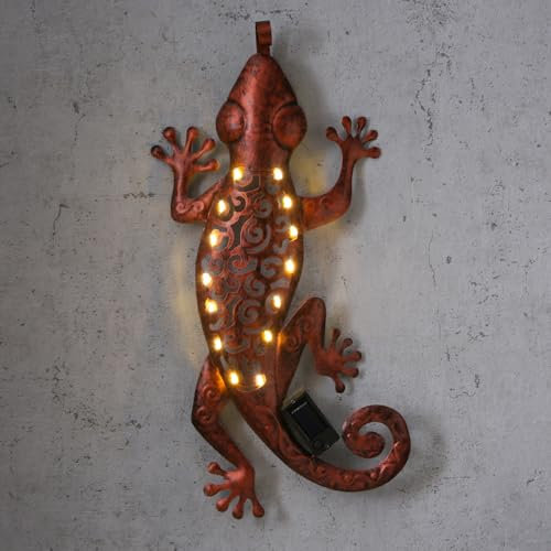 LED Solar Gartendeko Gecko Wanddeko Solarleuchte für Außen Terrasse Balkon Hauswand mit Lichtsensor H: 46cm Wanddekoration Outdoor (Kupfer)