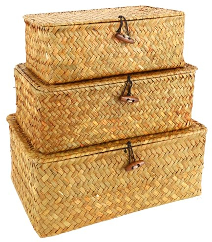 APACALI 3 Stück Rattan Aufbewahrung Korb, Rechteckig Seegras Korb mit Deckel, Natürlicher Seegras Geflochten Korb, Weidenkörbe für Regale, Organisation von natürlichem Seegras, 3er-Set