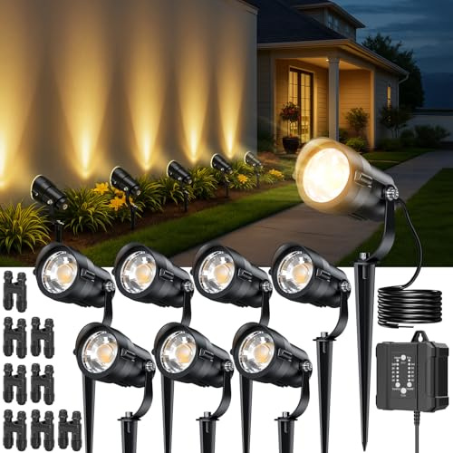 HIBOITEC 8 Stück 12W Gartenbeleuchtung mit 100W Transformator + Connector | Timer und Fotozellensensor Gartenstrahler, Warmweiß Wasserdicht Garten Beleuchtungen für Hof, Gehweg, Terrasse