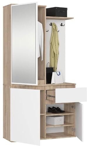 BDW ENTRO Flurgarderobe-Set mit Spiegelschrank, 95 x 183 x 35 cm, Schuhablage, Kleiderhaken, Saal, (Eiche Sonoma/Weiß)