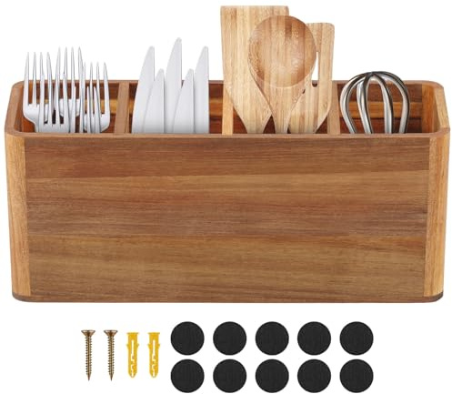 Ghshanog Kitchen Utensils Holder,Wooden Utensil Caddy with 4 Compartment,Farmhouse Cutlery Holder,40x17x12CM Flatware Caddy Silverware Organizer for Spoons, Forks, Spatulas, Shovels
