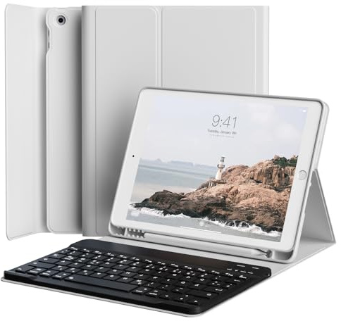 JKSML Hülle mit QWERTZ Tastatur für iPad 9./ 8./ 7. Generation - Grau | Abnehmbarer Kabellose Deutsche Schwarz Tastatur, TPU Hülle mit Stifthalter, für iPad 2021/2020/2019 model 10,2 Zoll