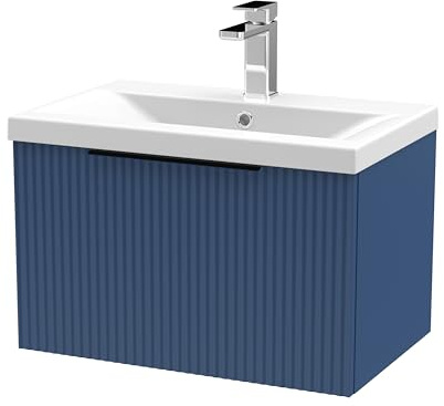 Balterley Vanity Unit with Basin Wall Hung, Single Drawer Soft Close with Mid Edge Sink and Handle, Bathroom Vanity Units with Basin, Fluted Front Sink Cabinet - 610 x 390 x 399mm (Blue)