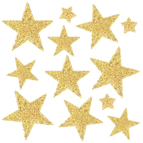 12 PCS Gold Star Iron on Patches, Glitter Rhinestone Adhesive Applique Stars Sequin Vintage Patch Fabric Patch for Clothing Jeans Bags Hats Repair Decoration(4 Size)