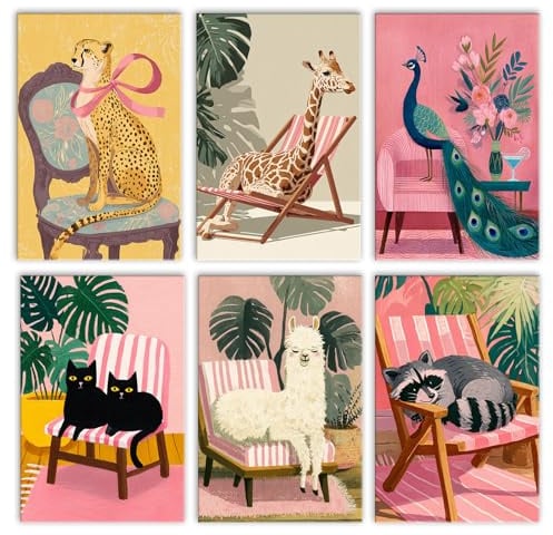 Walarky Tier sitzend auf Sofa Zeichnen Malen nach Zahlen Erwachsene 6er Set Graffiti Pfau Katze Giraffe Leopard Alpaka Waschbär Digitales Ölgemälde Rahmenlos
