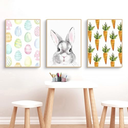 TROYSINC 3er Easter Poster Set, Hase Frühling Osterei Bilder für Kinderzimmer, Wandbilder Wohnzimmer, Ostern Decoration, ohne Rahmen (B,50x70cm)