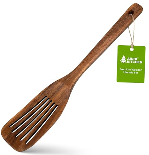 AIUHI Spatola per Wok forata in Legno di Teak, Volta tegame in Legno Extra Lungo per saltare in Padella, spatola forata sicura per antiaderenti con foro per appendere