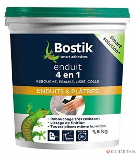 BOSTIK Enduit Mural 4 en 1 Pâte – Rebouche, Egalise, Lisse, Colle – Intérieur/Extérieur – Couleur : Blanc – Pot de 1.5kg