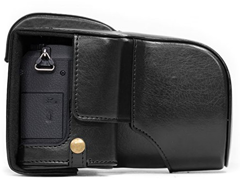 MegaGear MG892 Ever Ready Leder Kameratasche mit Trageriemen kompatibel mit Panasonic Lumix G80, G81 (12-60mm) - Schwarz