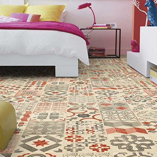 livingfloor® PVC Bodenbelag Shabby Retro Fliesenoptik Mediterran Rot 2m Breite, Länge variabel Meterware, Größe:1.50x2.00 m