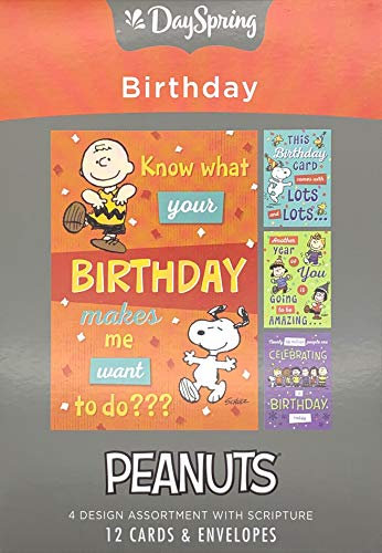 DaySpring - Peanuts – Happy Birthday – 4-teiliges Design-Sortiment mit Schrift – 12 Karten und Umschlägen (J0381)
