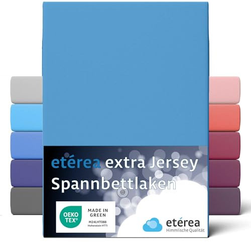 etérea Premium Spannbettlaken 90x200cm - 100x220cm Hellblau – extra Jersey Spannbetttuch bis 35cm Höhe – 160 g/m² gekämmte Baumwolle – Boxspring & Wasserbett Bettlaken