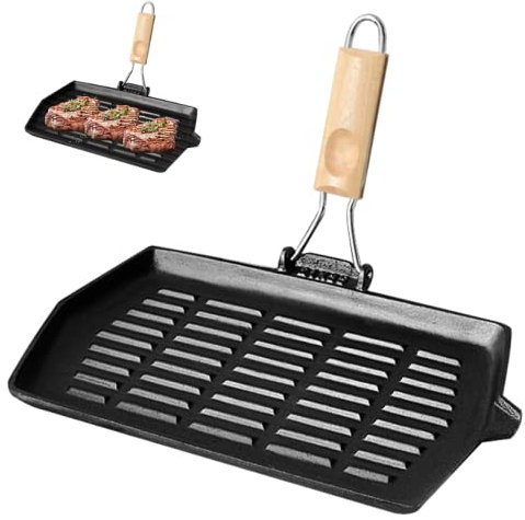 Tongboke Bistecchiera Ghisa con Manico in Legno Pieghevole, Bistecchiera Induzione 20x30cm, Adatta Per Fornelli Domestici Come Gas, Induzione, Elettrici Ecc