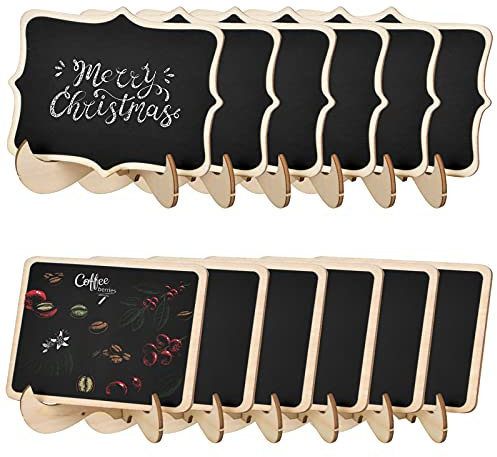 Jinlaili 12 Pièces Tableau Noir en Bois, 2 Modèle Étiquette de Tableau Effaçable,Panneau Affichage Réutilisable,Tableau Craie,Panneau de Menu avec Support pour Décoration Fête Mariage Café Restaurant