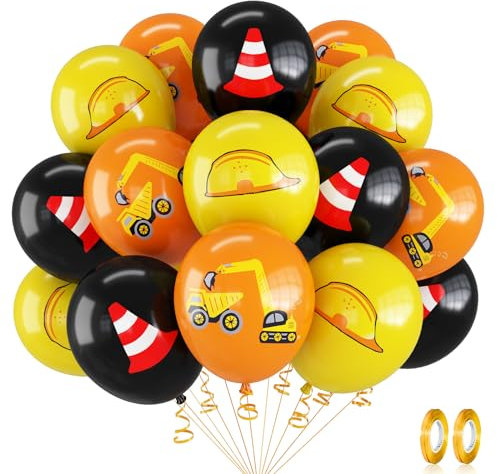 Construction Decorations - 12 Inch Excavator Printed Latex Balloons, Vehicle Helmet Barricade Balloons for Boys Kids Birthday Party Supplies