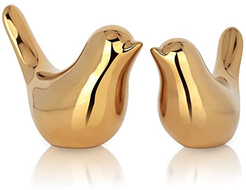 XMGZQ 2 Stück Tier Statue,Vogel Keramik Deko Gold Wohnzimmer,Vogel Keramik Figuren Heim Skulptur Deko,Vogel Keramik Gold Deko,Moderne Stil für Dekoration Ornamente Wohnzimmer,Büro,Schreibtisch(Gold)