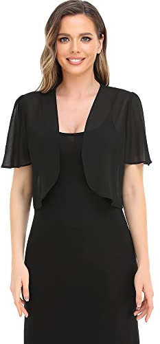 Women Chiffon Shrug Short Sleeve Cropped Open Front Cardigan, Jackets Solid Top Cover-up for Evening Wedding Dress for Spring Fall Black