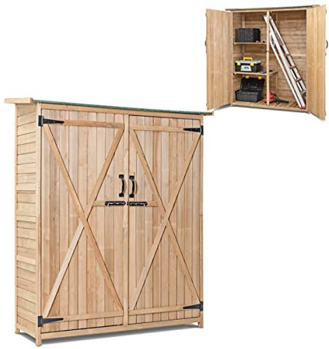COSTWAY Garden Storage Cabinet, Waterproof Wooden Outdoor Tool Shed with Shelves, Double Lockable Doors & Slope Asphalt Roof, Tool Organizer Cabinet Cupboard for Backyard Patio Deck, 140x50x161cm