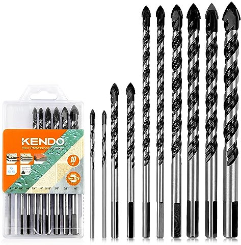 KENDO 10-teiliges Mehrzweck-Steinbohrer-Set, 1/8 bis 1/2 Zoll Betonbohrer-Set, Hartmetallbestückt für Glas, Fliesen, Kunststoff, Zement, Beton, Granit, Wand, Eisenblech, Ziegel, Holz usw