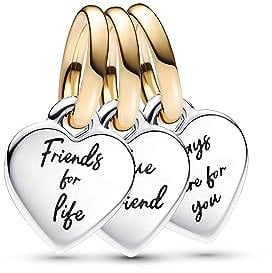 PANDORA Moments Bicolor Teilbarer Dreifacher Freundschafts-Charm-Anhänger aus Sterling Silber mit vergoldeter Metalllegierung, Zirkonia, Kompatibel Moments Armbänder, 762722C00