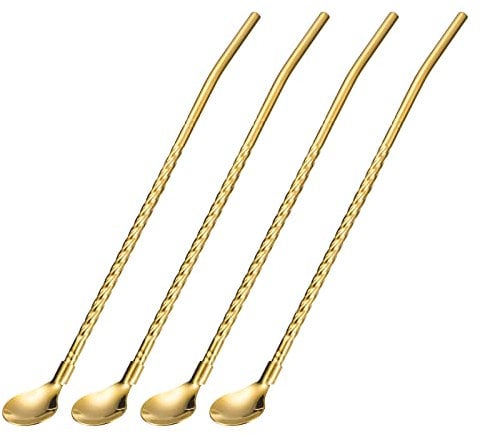 sourcing map Stainless Steel Spoon Straws, 4Pcs 8.6 Reusable Metal Long Handle Drinking Straws Spoon for Milkshake Drinks Cocktail, Gold