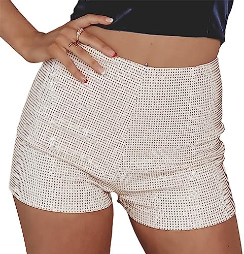 Yassiglia Shorts Damen Sommer Elegant Glitzer Hosen Sexy Bodycon Mini Shorts mit Pailletten Vintage High Waist Kurze Shorts für Club Party Fest Tanzen (Weiß, S)