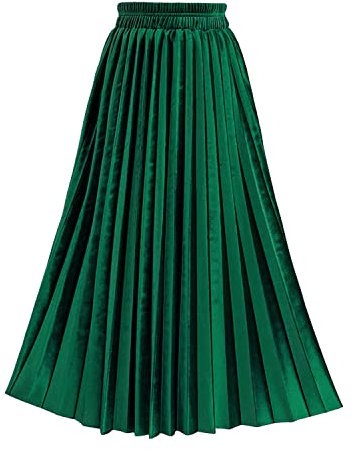 TONCHENGSD Damen Hohe Elastische Taille Samt Midi Lange Plissee Swing Rüschen Rock, Dunkelgrün, X-Klein