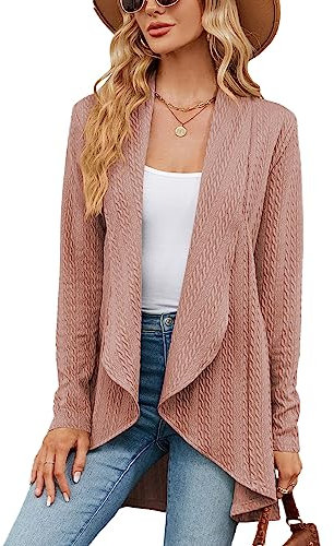 Famulily Cardigan long pour femme, cardigan cascade décontracté de couleur unie ouvert sur le devant, taille 36-44, rose, L
