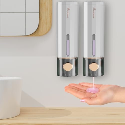 HAISIGE Dispenser Sapone Muro e Doccia, Set Da 2 Per Bagno e Cucina, Contenitore Sapone Liquido Senza Foratura, 450 Ml, Bianca