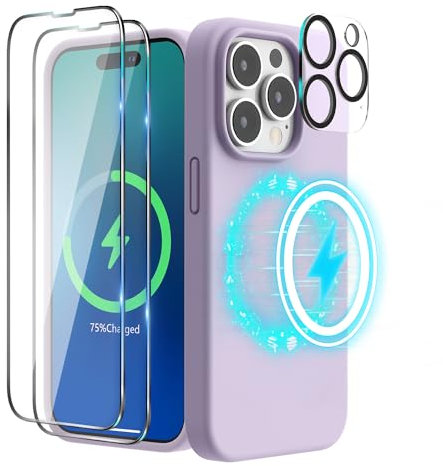 SURPHY (4 in 1 Magnetische Hülle für iPhone 14 Pro Hülle Silikon (6,1 Zoll, 2022), mit 2 Schutzfolie & 1 Kameraschutz, Flüssigsilikon Handyhülle iPhone 14 Pro Case mit Magnete, Flieder