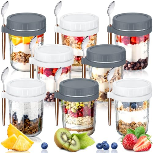 Layhit 8 Set Overnight Oats Containers with Lids and Spoons 16 oz Glass Mason Jars for Overnight Oats with Recipe Card, Ingredients Guide Marks, Measuring Cups, Silicone Straps for Meal (Grey, White)