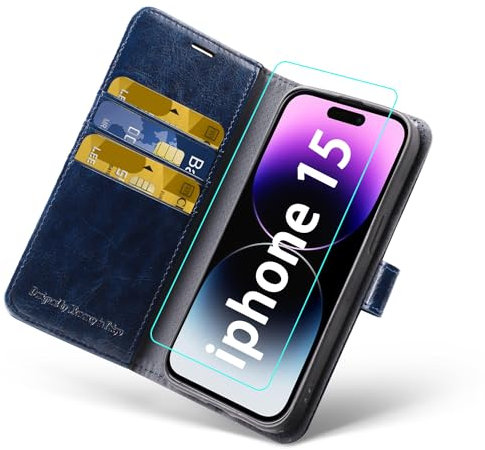 MONASAY for iPhone 15 5G Wallet Case,[Glass Screen Protector Included] [RFID Blocking] Flip Folio Leather Cell Phone Cover with Credit Card Holder case, 6.1-inch, 6.1-inch, Blue